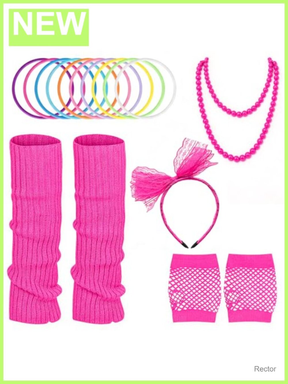 80s Retro Costume Accessory Set Headband Fishnet Gloves Necklace Bracelets Leg